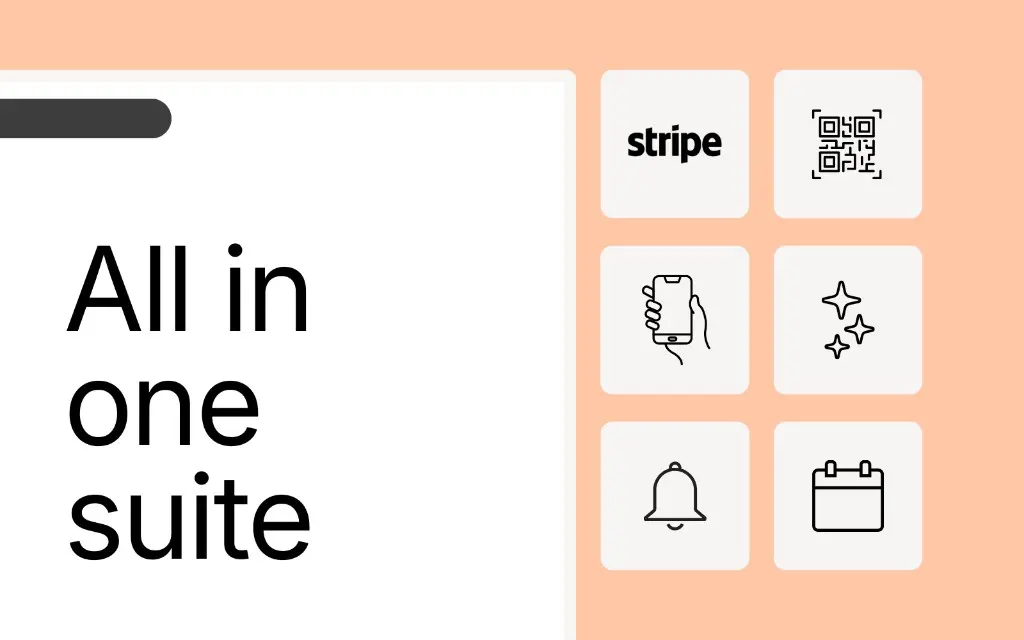 Grafica All in one suite: testo su area bianca e griglia di icone Stripe, QR, mobile, calendario, notifiche e altri moduli integrati