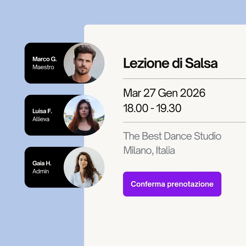 Prenotazione lezione di Salsa: badge Marco G. maestro, Luisa F. allieva, Gaia H. admin; 27 gennaio 2026 ore 18.00-19.30, The Best Dance Studio Milano, conferma prenotazione