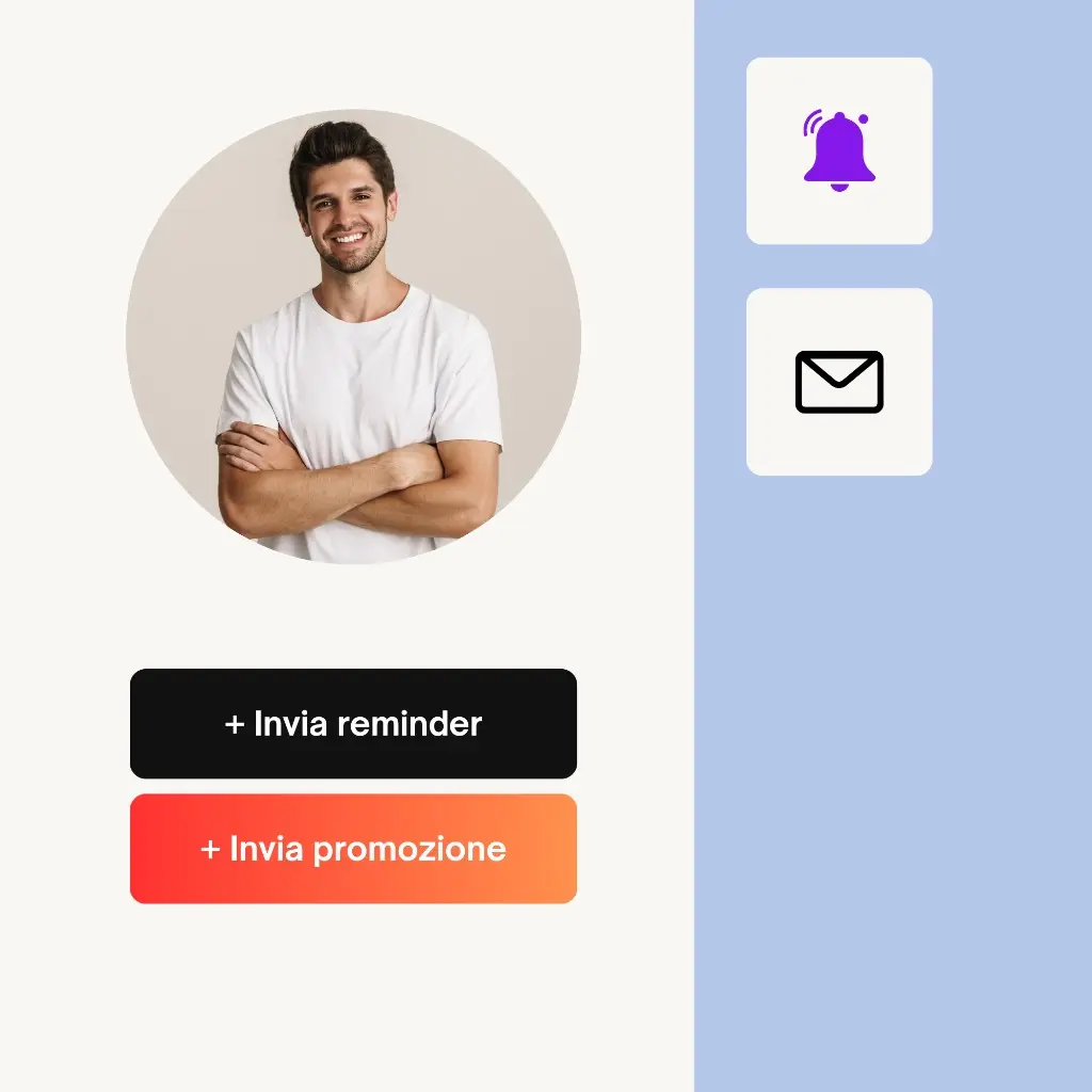 Comunicazioni: profilo con avatar, pulsanti Invia reminder e Invia promozione; barra laterale con icona notifiche e busta messaggi