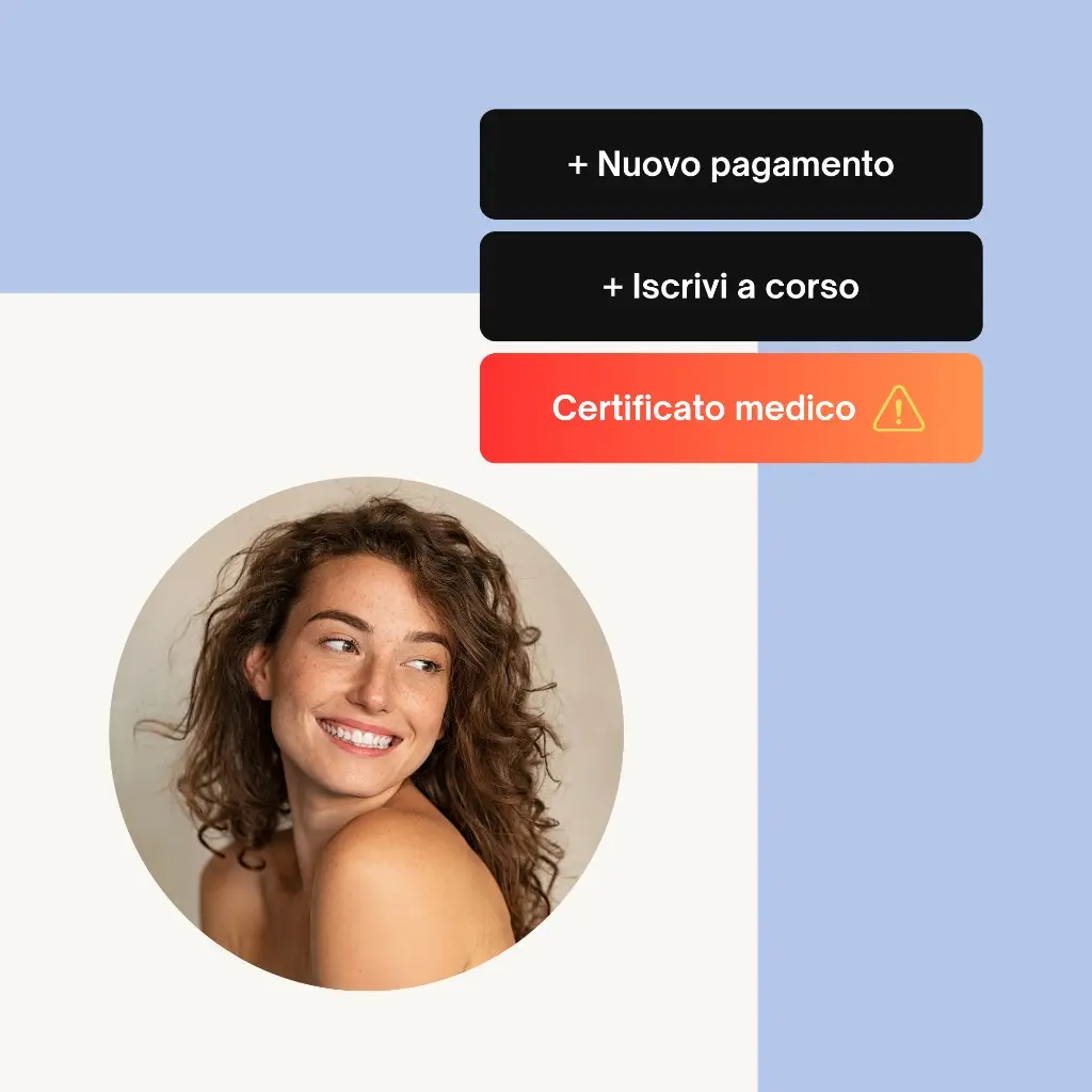 Gestione allievi: ritratto Martina Ricci, pulsanti Nuovo pagamento e Iscrivi a corso, avviso certificato medico con icona di attenzione