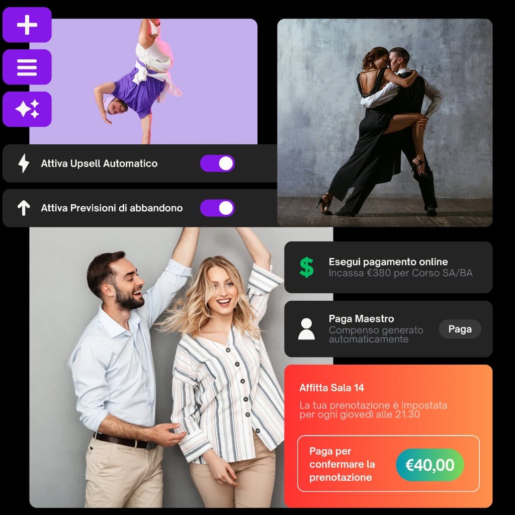 DAM!: collage con ballo, automazioni, pagamenti online, paga maestro e affitto sala con conferma