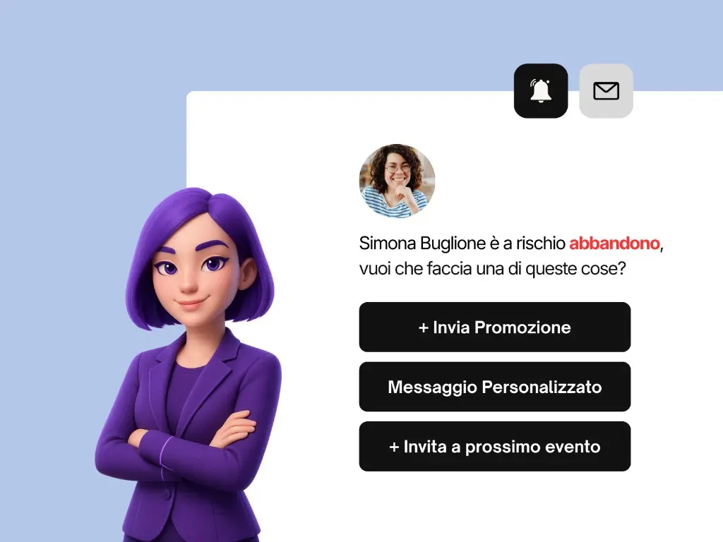 Violet AI retention: avviso rischio abbandono per Simona Buglione, azioni promozione, messaggio personalizzato e invito evento