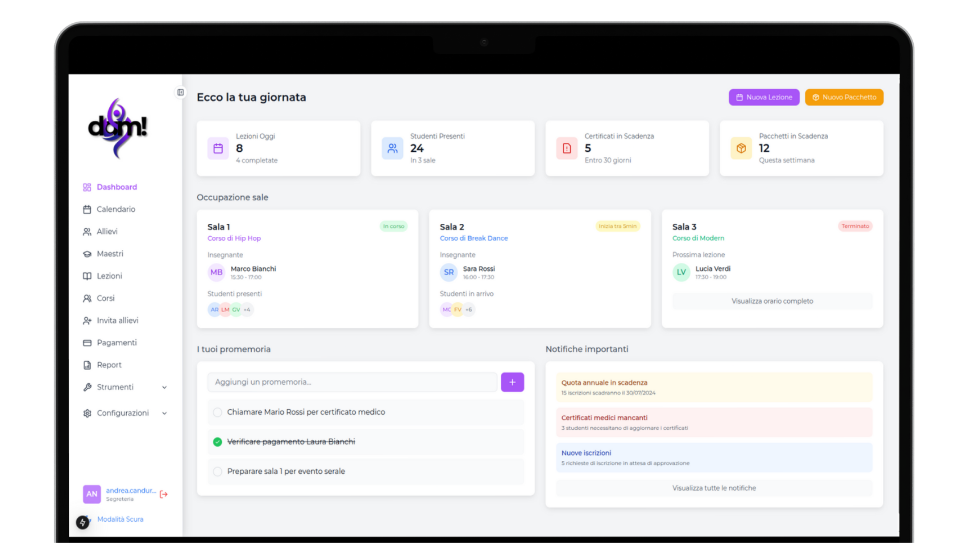 Dashboard Preview - dam! gestionale per scuole di ballo